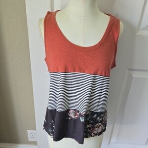 24/7 MAURICES Womens Tank Top M Coral Stripe Floral Colorblock Sleeveless